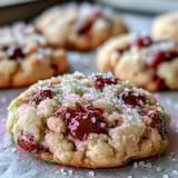 Fresh raspberries peek from Soft Chewy Raspberry Sugar Cookies that have crackly edges and a soft, pillowy center on a rustic wood table.