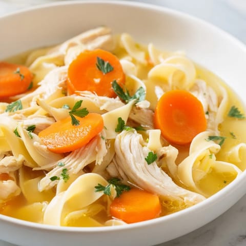 Classic American Chicken Noodle Soup featuring carrots, celery, and savory broth, perfect for a cozy family dinner.