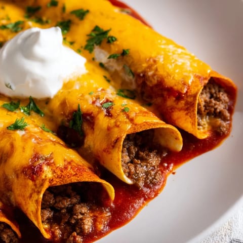 Golden-brown Beef Enchiladas topped with cilantro and sour cream on a rustic wooden table.