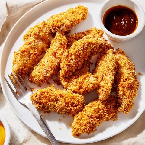 Crispy golden-brown Chicken Tenders stacked high, served with dipping sauces on a rustic plate.