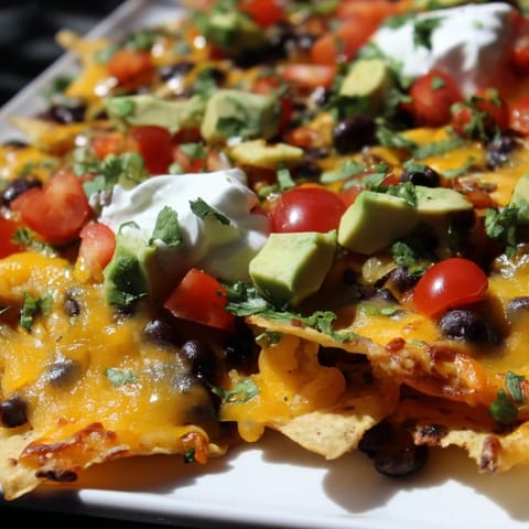 Crispy tortilla chips loaded with melted cheddar, Monterey Jack, black beans, and spicy jalapeños for a festive game-day snack.