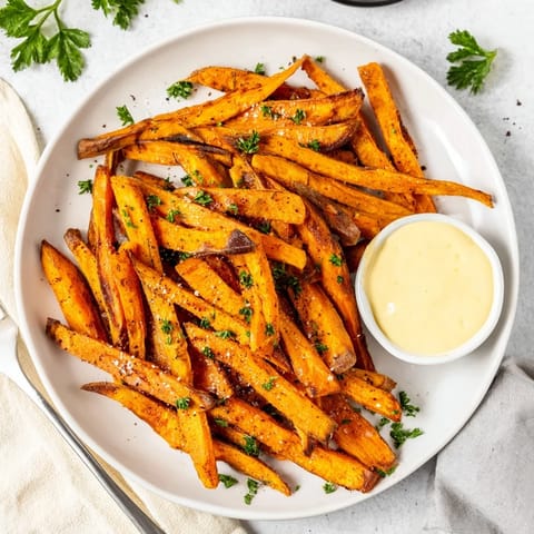 Golden brown Sweet Potato Fries arranged on a baking sheet, seasoned with paprika and sea salt.
