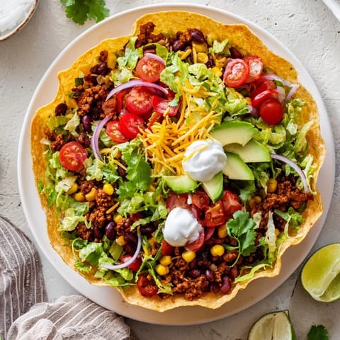 Hearty Taco Salad with ground beef, black beans, and cheddar cheese in a golden shell. 