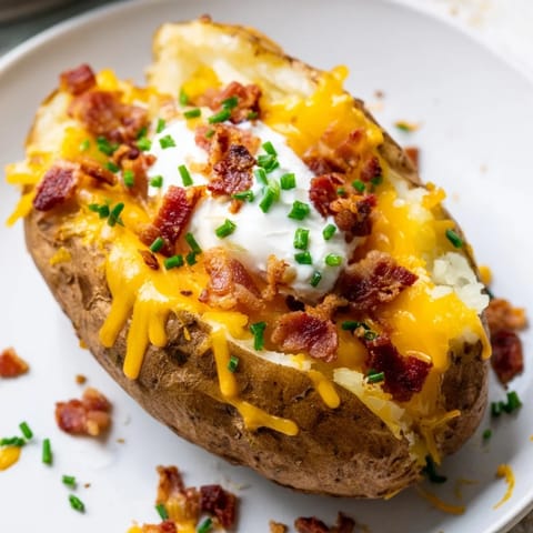 Golden-brown Loaded Baked Potato with fluffy interior loaded with butter and sour cream, topped with melted cheese, bacon, and fresh chives.