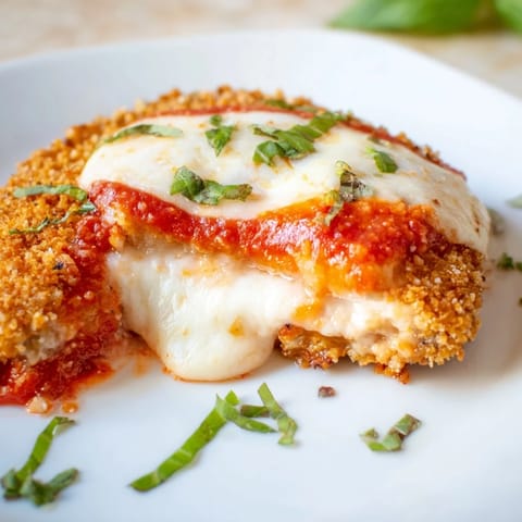 Tender, crispy breaded eggplant rounds sit atop a hearty tomato sauce, covered with melted cheese in this Eggplant Parmesan.