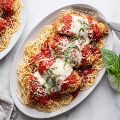Fresh basil garnish adds aroma to this baked Chicken Parmesan, featuring bubbly cheese and crispy, tender chicken cutlets on pasta.