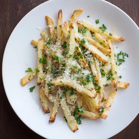 Truffle Parmesan Fries piled high on a rustic wooden plate, garnished with fresh parsley and a side of creamy garlic aioli for dipping.
