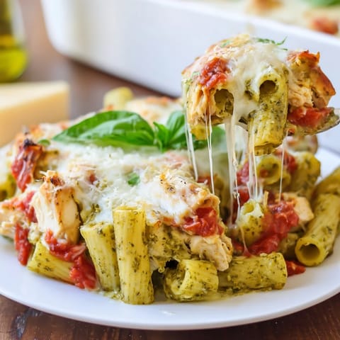 Freshly baked Pesto Chicken Pasta Bake with bubbly cheese topping and vibrant green pesto swirls.  