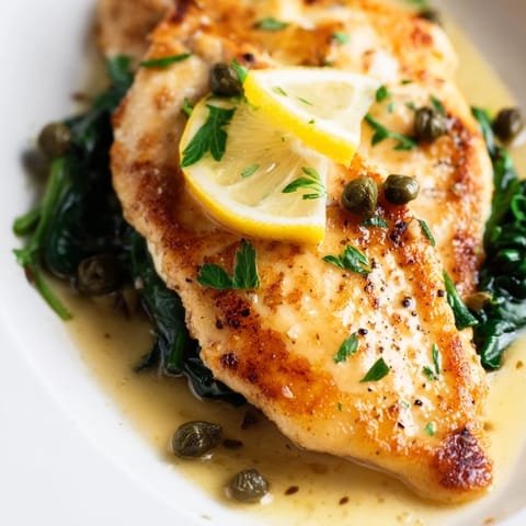 Pan-seared Spinach Lemon Butter Chicken with golden cutlets resting in a bright, silky lemon butter sauce over wilted greens.