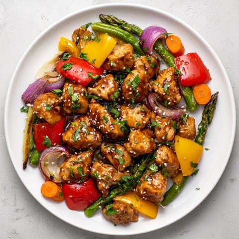 Tender chicken and vibrant bell peppers roasted on a sheet pan, glazed in a glossy honey garlic sauce for an easy weeknight dinner.
