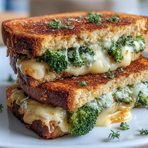 A close-up view of a crispy, buttery Roasted Broccoli & Cheddar Grilled Cheese sandwich cut diagonally on a rustic plate.