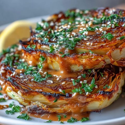 Golden roasted cabbage steaks topped with creamy tahini sauce, ready to serve.