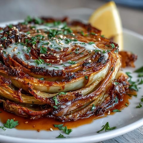 Tender, caramelized cabbage steaks with a nutty tahini drizzle make a delicious vegan meal.