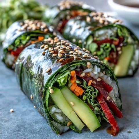 Freshly made nori rolls showcasing colorful veggies and creamy avocado, a healthy appetizer.