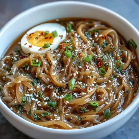 Warm shirataki noodles with broth, ginger, and garlic, a comforting low-carb Asian meal.