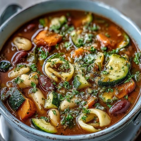 A steaming bowl of hearty vegetable minestrone, brimming with tender pasta, creamy beans, and colorful garden vegetables.
