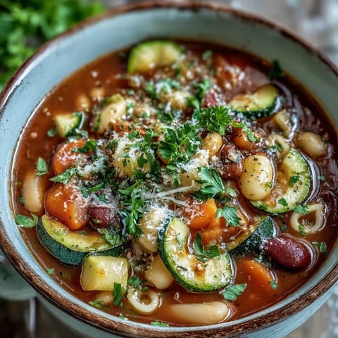 Spoon into a comforting Italian soup featuring seasonal veggies, al dente pasta, and a rich, aromatic broth.