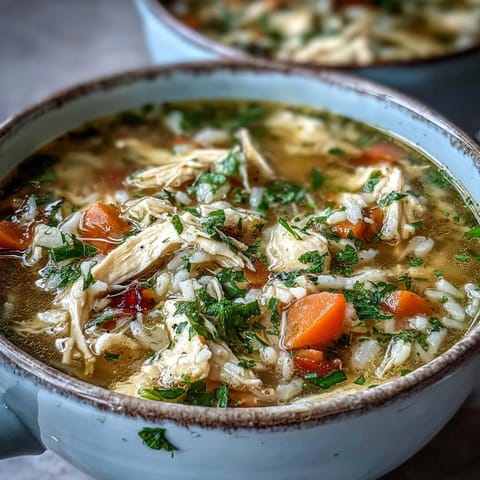 Steaming Cozy Winter Chicken and Rice Soup with tender shredded chicken, fluffy rice, and diced carrots in a rustic bowl.