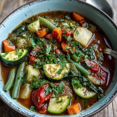 Homemade Italian Herb Vegetable Soup simmering in a pot, packed with vibrant carrots, zucchini, and tender spinach.