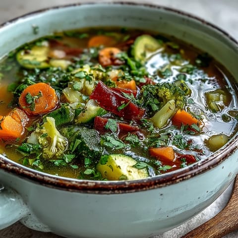 A vibrant Ginger Vegetable Soup simmering in a pot with broccoli, carrots, and celery for an aromatic broth.  