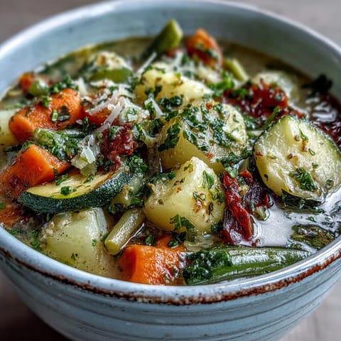 Hearty Parmesan Veggie Soup simmering in a pot, featuring carrots, zucchini, and green beans in a rich tomato broth with a Parmesan rind.  