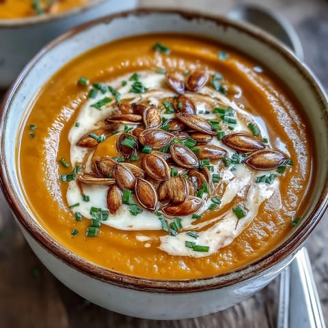 Creamy pumpkin soup garnished with toasted seeds and a swirl of cream in a rustic bowl.