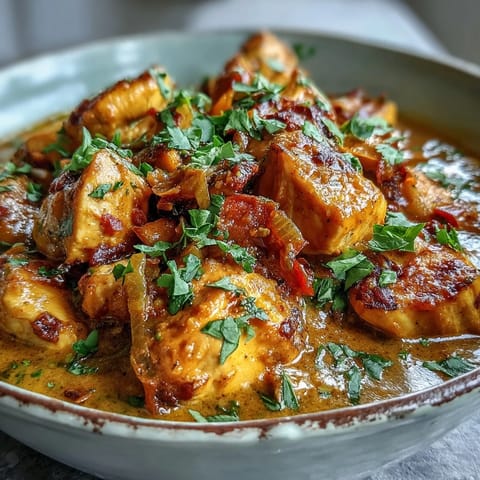 Easy Chicken Curry with tender chicken thighs simmered in a creamy, spiced yogurt sauce, garnished with fresh cilantro and served alongside fluffy white rice.