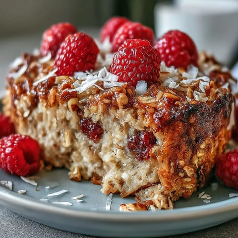 Golden-brown Baked Oatmeal with Raspberry and Coconut cooling on a wooden tray, garnished with fresh raspberries and maple syrup.