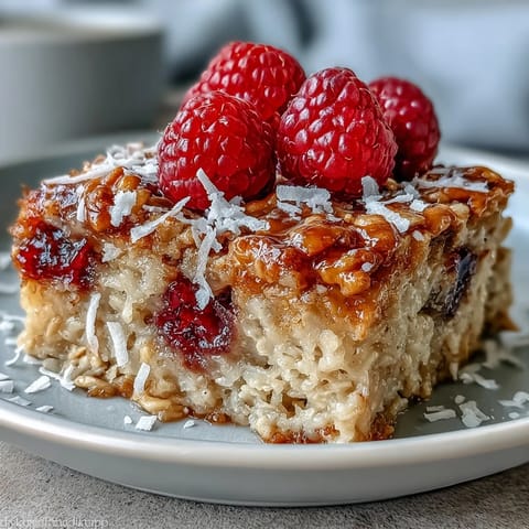 A close-up of Baked Oatmeal with Raspberry and Coconut scooped onto a plate, revealing fluffy oats and bright red berries.