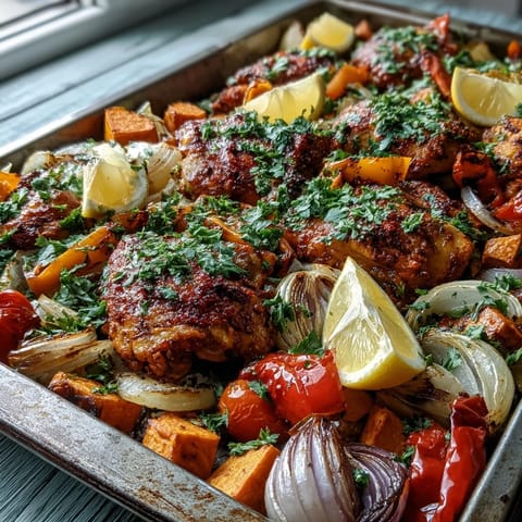Golden-brown piri-piri chicken thighs with roasted sweet potato wedges and colorful bell peppers on a large traybake.