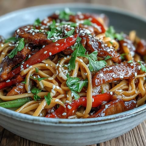 Heaping serving suggestion of Asian-inspired pork noodle stir-fry, garnished with fresh cilantro and sesame seeds.