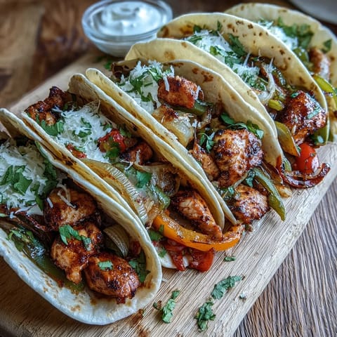 Easy Chicken Fajitas served in warm flour tortillas with sour cream and fresh cilantro on a rustic table.
