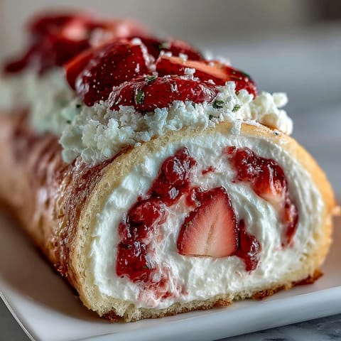 Cross-section of Strawberry Shortcake Sushi Roll showing thin crepe and striped sponge cake.