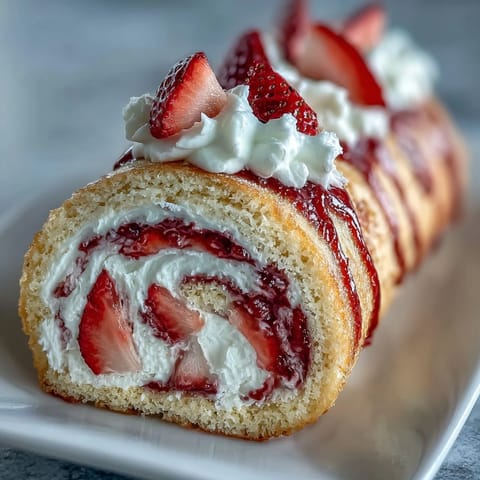 Slices of Strawberry Shortcake Sushi Roll drizzled with white chocolate on marble.