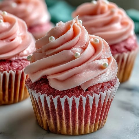 Moist, blush-pink cupcakes topped with fluffy vanilla buttercream frosting and colorful sprinkles on a marble countertop.
