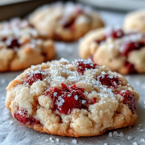 Fresh raspberries peek from Soft Chewy Raspberry Sugar Cookies that have crackly edges and a soft, pillowy center on a rustic wood table.