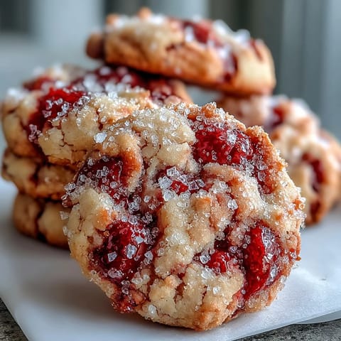 Golden-brown Soft Chewy Raspberry Sugar Cookies are dusted with sparkling sugar and studded with vibrant red berries on a white plate.