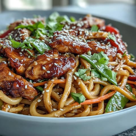 Stir-fried chicken and crisp vegetables tossed in a sweet-savory sesame sauce over noodles.