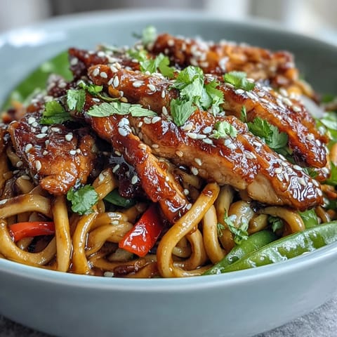 Bright sesame chicken noodle bowl garnished with fresh cilantro and toasted sesame seeds.