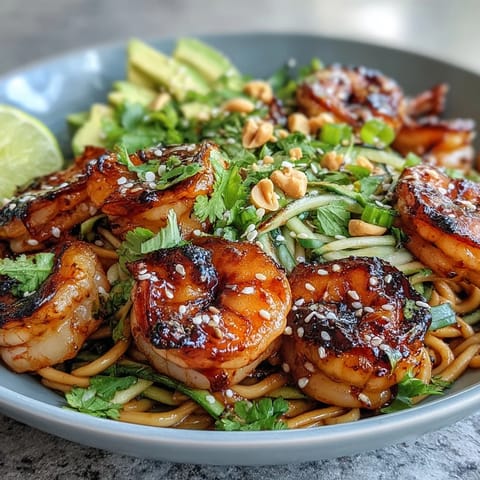 Close-up of Grilled Shrimp Asian Noodle Bowl garnished with peanuts, scallions, and fresh cilantro.