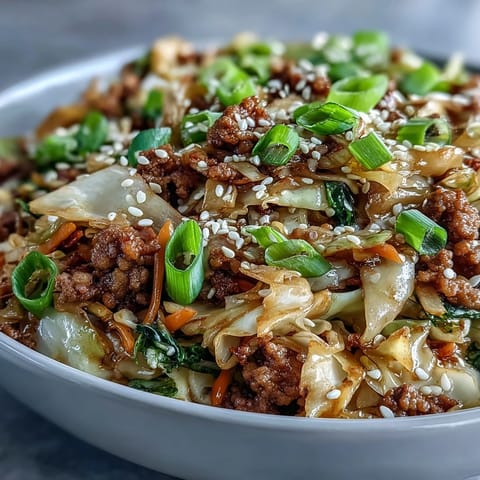 Golden-brown ground pork and vibrant cabbage slaw tossed in a savory sesame-ginger sauce in a skillet.