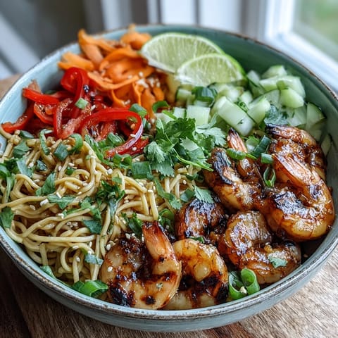 Grilled shrimp nestled in a vibrant 15-Minute Asian Noodle Bowl, garnished with fresh lime wedges and chopped cilantro.