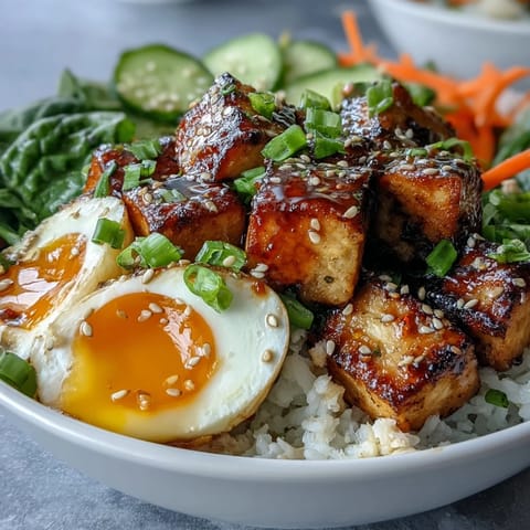 Steamed jasmine rice topped with jammy eggs, seasoned tofu, and fresh greens drizzled with zesty ginger scallion sauce.