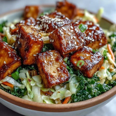A close-up of the Tofu Egg Roll in a Bowl reveals savory sauce coating fresh vegetables, topped with sesame seeds and green onions.