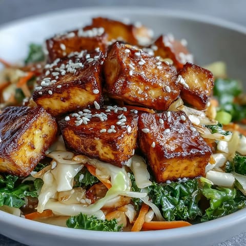 Golden, crispy tofu cubes mingle with sautéed cabbage, kale, and carrots in this vibrant Tofu Egg Roll in a Bowl, ready to serve.