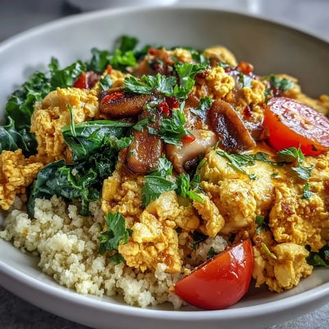 Overhead view of a vibrant Scrambled Tofu Breakfast Bowl with golden turmeric tofu, sautéed mushrooms, and kale over whole wheat couscous, garnished with avocado and cherry tomatoes.