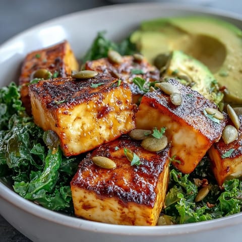 Protein-packed tofu breakfast bowl with avocado and kale, vibrant colors, and a sprinkle of pumpkin seeds for added crunch and nutrition.  