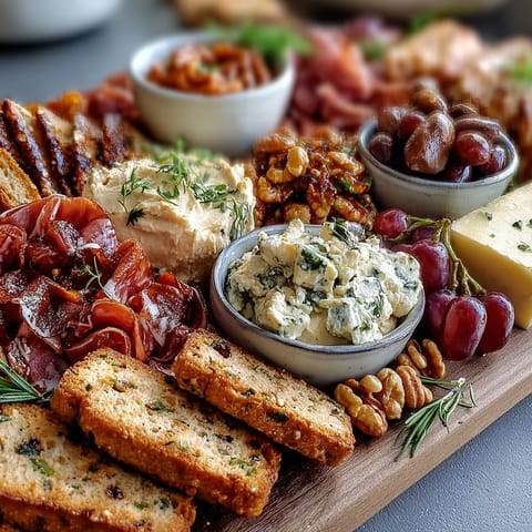 A lavish charcuterie board brimming with cured meats, cheeses, dips, crackers, and fresh produce, perfect for a housewarming party.