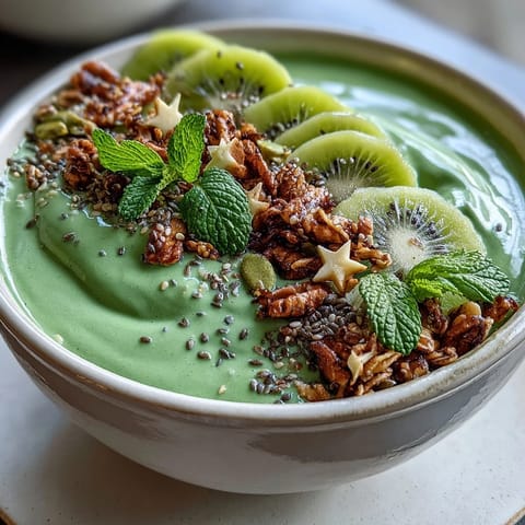 Vibrant green shamrock protein smoothie bowl topped with kiwi slices, granola, and coconut flakes for a festive St. Patricks Day breakfast.