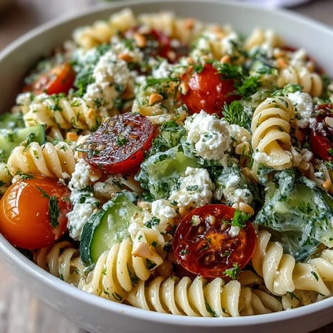Lemon Vinaigrette Pasta Salad with Cucumbers and Cherry Tomatoes, a bright summer dish with crisp veggies and zesty lemon dressing.
